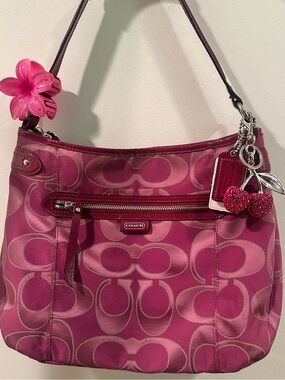 Coach Fuchsia Signature Canvas Shoulder Bag with Cherry Charm